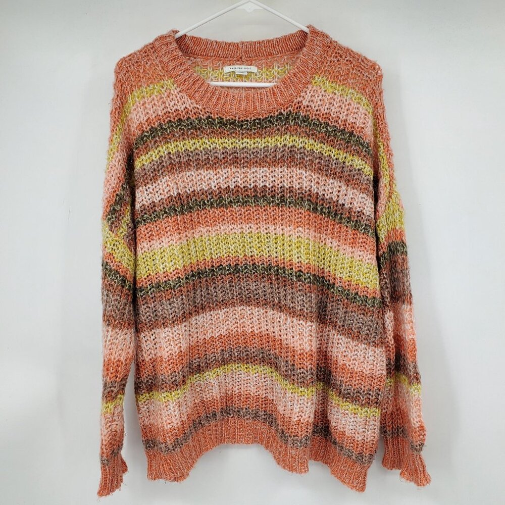 American Eagle Coral and Brown Striped Long Sleeve Loose Knit Crewneck Sweater M